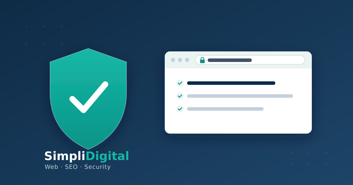 A teal security shield with a checkmark next to a browser window showing a locked padlock in the address bar.